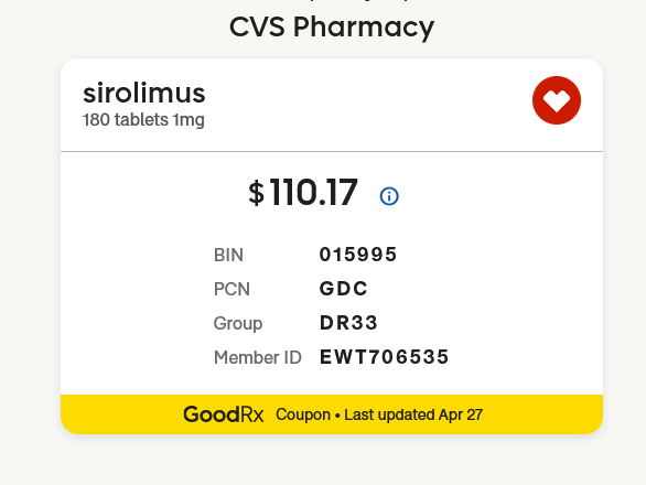 Screenshot 2024-04-27 at 15-40-17 Sirolimus coupon $106.17-110.17 for 180 tablets 1mg at CVS Pharmacy from GoodRx
